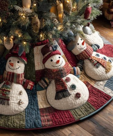 Snowman Patch Windows Quilted Christmas Tree Skirt — Made-To-Order Festive Tree Base With Charming Patchwork Details