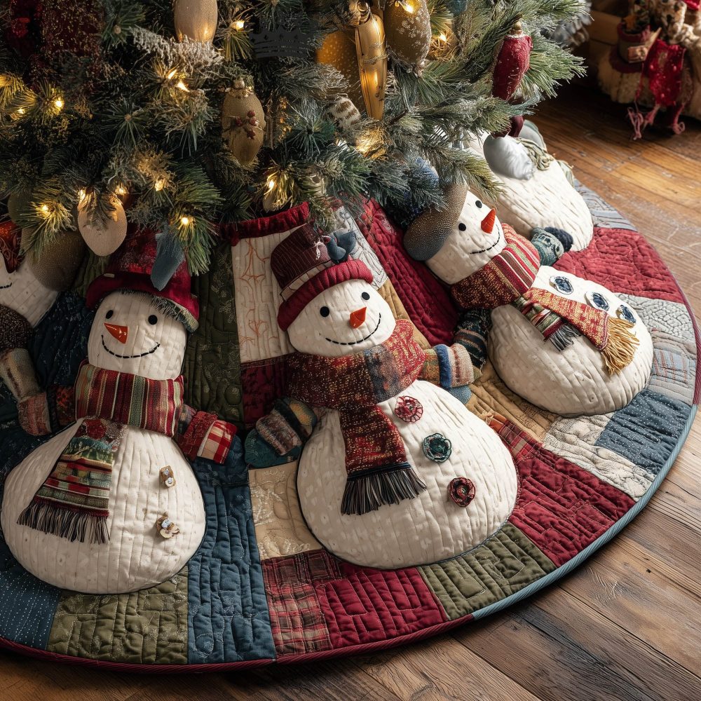 Snowman Patch Windows Quilted Christmas Tree Skirt — Made-To-Order Festive Tree Base With Charming Patchwork Details