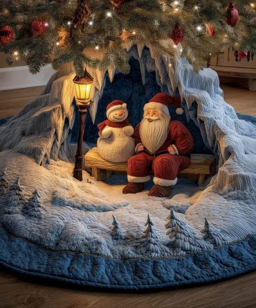 Plaid Snowman Gathering Christmas Tree Skirt — Custom Quilted Tree Base For Holiday Decor, Handcrafted Festive Accent