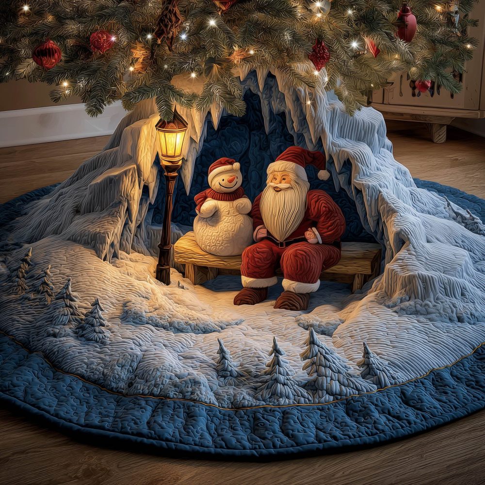 Plaid Snowman Gathering Christmas Tree Skirt — Custom Quilted Tree Base For Holiday Decor, Handcrafted Festive Accent