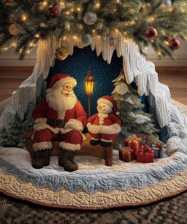 Handcrafted Ice Cave Santa & Snowman Christmas Tree Skirt — Custom Made Holiday Tree Base, Quilted Festive Home Decor
