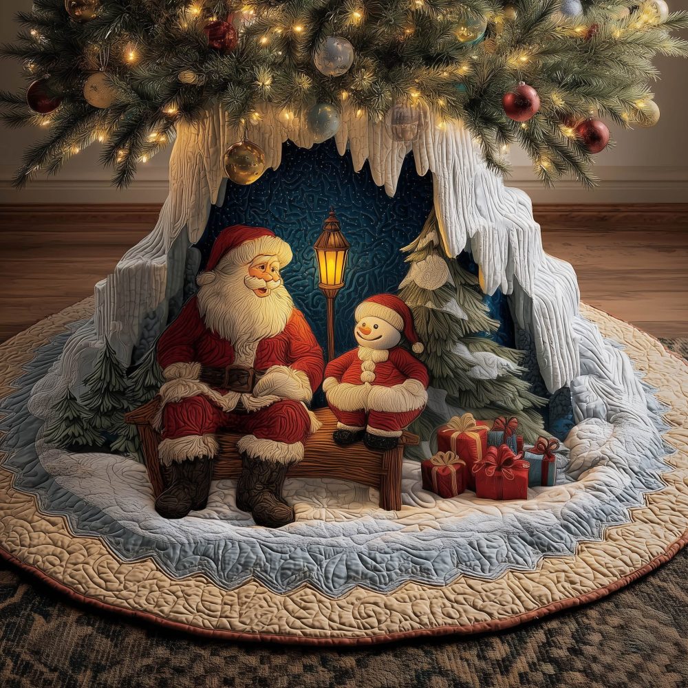 Handcrafted Ice Cave Santa & Snowman Christmas Tree Skirt — Custom Made Holiday Tree Base, Quilted Festive Home Decor