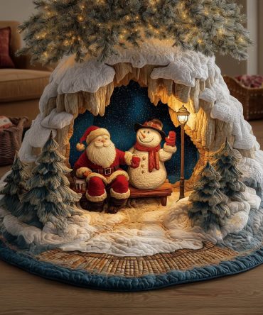 Santa And Snowman Resting Tree Skirt — Custom Handcrafted Holiday Skirt, Charming Cozy Scene, Soft Durable Fabric For Family Traditions