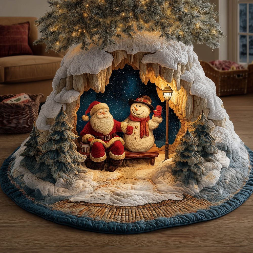 Santa And Snowman Resting Tree Skirt — Custom Handcrafted Holiday Skirt, Charming Cozy Scene, Soft Durable Fabric For Family Traditions
