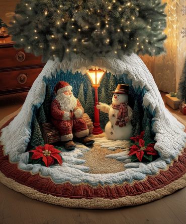 Santa & Snowman By The Lamp Christmas Tree Skirt — Custom Made Quilted Holiday Tree Base, Charming Vintage-Inspired Decor