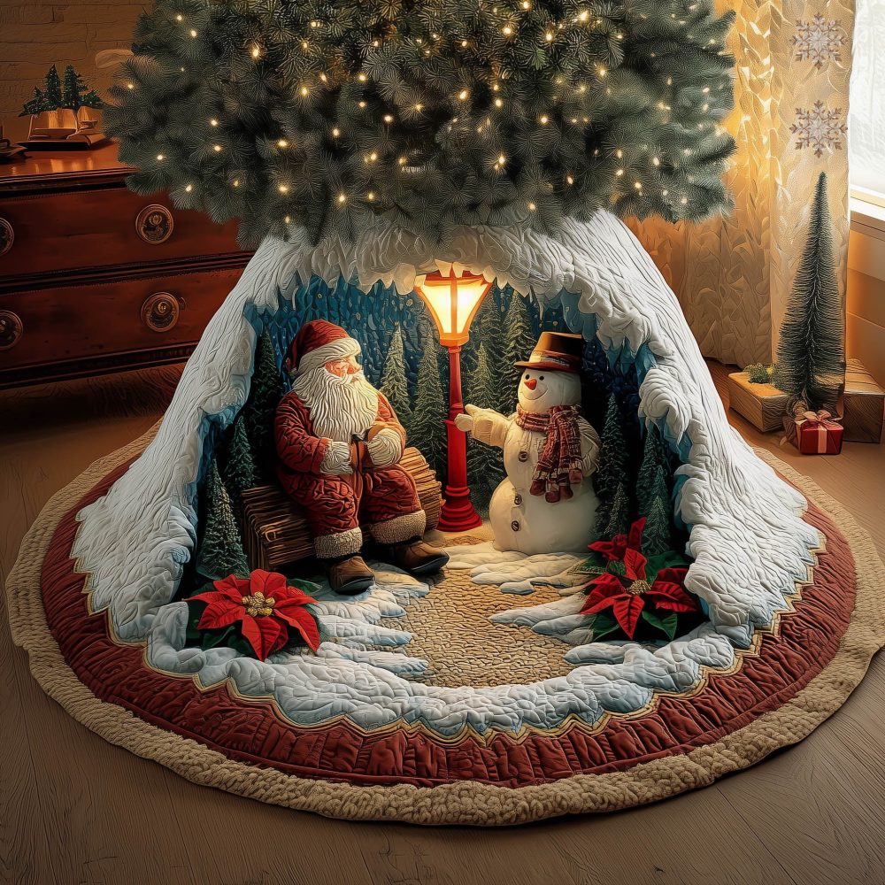 Santa & Snowman By The Lamp Christmas Tree Skirt — Custom Made Quilted Holiday Tree Base, Charming Vintage-Inspired Decor