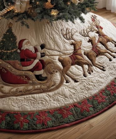 Santa Sleigh & Reindeer Team Tree Skirt — Custom Handcrafted Holiday Skirt, Majestic Sleigh Scene, Premium Materials, Large Sizes Available