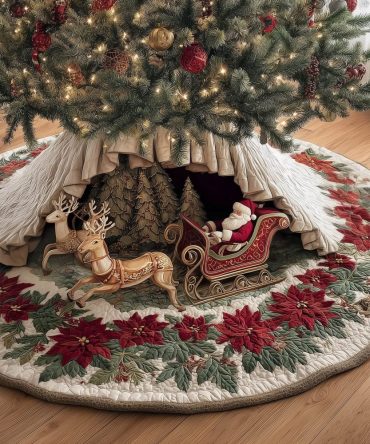 Sleigh In Poinsettia Wreath Tree Skirt — Custom Made Holiday Skirt, Elegant Floral Ring With Sleigh Motif, Luxury Felt Décor For Living Room