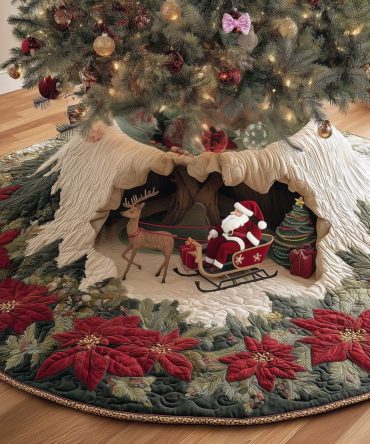 Santa'S Sleigh At Tree Hollow Skirt — Custom Made Holiday Skirt, Enchanting Forest & Sleigh Design In Plush, Handcrafted Christmas Décor