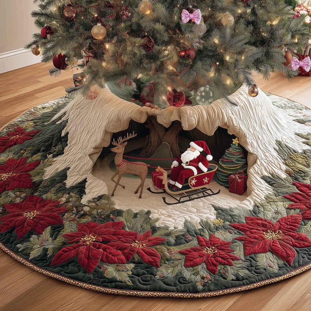Santa'S Sleigh At Tree Hollow Skirt — Custom Made Holiday Skirt, Enchanting Forest & Sleigh Design In Plush, Handcrafted Christmas Décor