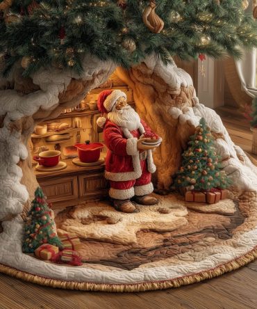 Santa Baking In Tree Kitchen Tree Skirt — Custom Handcrafted Holiday Skirt, Cheerful Baking Scene, Cozy Kitchen-Themed Christmas Décor