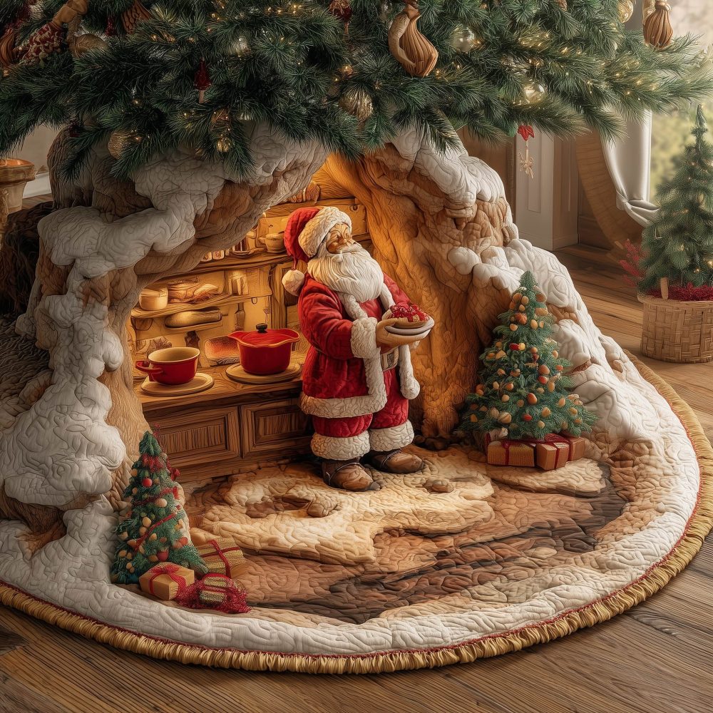 Santa Baking In Tree Kitchen Tree Skirt — Custom Handcrafted Holiday Skirt, Cheerful Baking Scene, Cozy Kitchen-Themed Christmas Décor