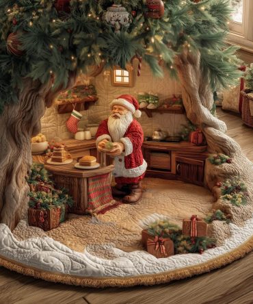 Santa'S Cookie Pantry Tree Skirt — Custom Made Holiday Baking Scene, Festive Cookies & Stockings, Soft Felt Skirt For Family Traditions