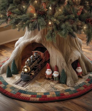 Whimsical Train & Gnome Christmas Tree Skirt — Custom Quilted Holiday Skirt With Festive Tunnel Scene, Handmade