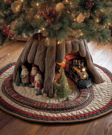 Festive Train With Gnome Motif Christmas Tree Skirt — Plaid Trim Quilted Holiday Skirt, Handmade & Customizable