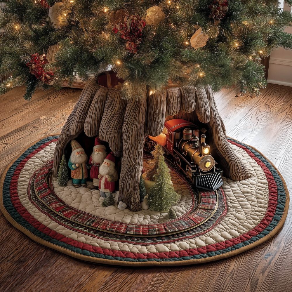 Festive Train With Gnome Motif Christmas Tree Skirt — Plaid Trim Quilted Holiday Skirt, Handmade & Customizable