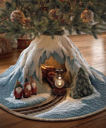 Handmade White Mountain Train Christmas Tree Skirt — Custom Quilted Holiday Tree Skirt With Scenic Tunnel Design