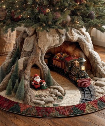 Santa On Train Through Tree Tunnel Christmas Tree Skirt — Custom-Made Holiday Skirt With Enchanted Train Tunnel Scene