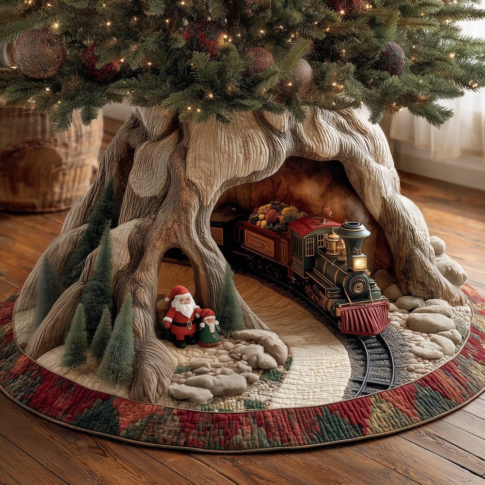 Santa On Train Through Tree Tunnel Christmas Tree Skirt — Custom-Made Holiday Skirt With Enchanted Train Tunnel Scene