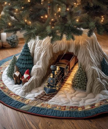 Holiday Train With Gnomes & Pine Trees Christmas Tree Skirt — Cheerful Custom Skirt Featuring Gnomes, Trains, And Evergreens