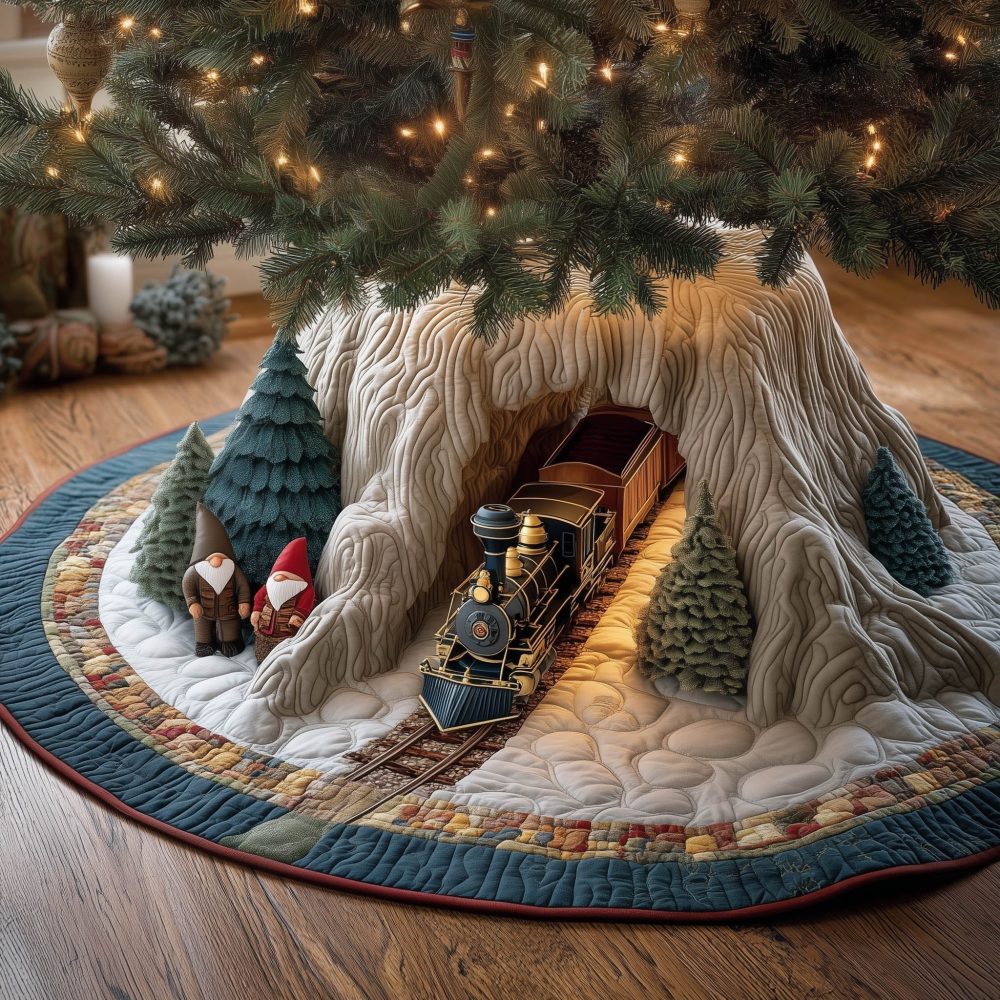 Holiday Train With Gnomes & Pine Trees Christmas Tree Skirt — Cheerful Custom Skirt Featuring Gnomes, Trains, And Evergreens