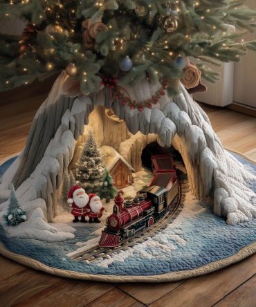 Santa & Train By The Village Christmas Tree Skirt — Custom Holiday Skirt With Santa Scene, Festive Village Train Decor
