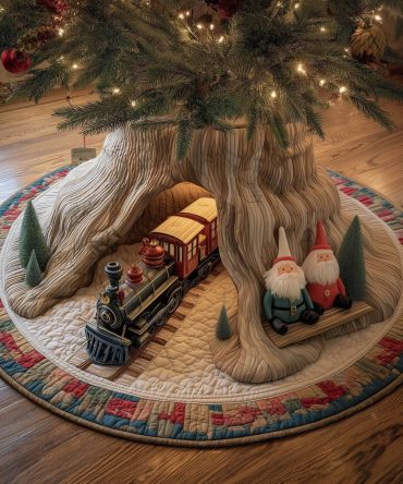 Toy Train At Gnome Hollow Tree Skirt — Custom Holiday Skirt, Whimsical Train & Gnome Scene, Premium Felt, Perfect Kids' Christmas Gift