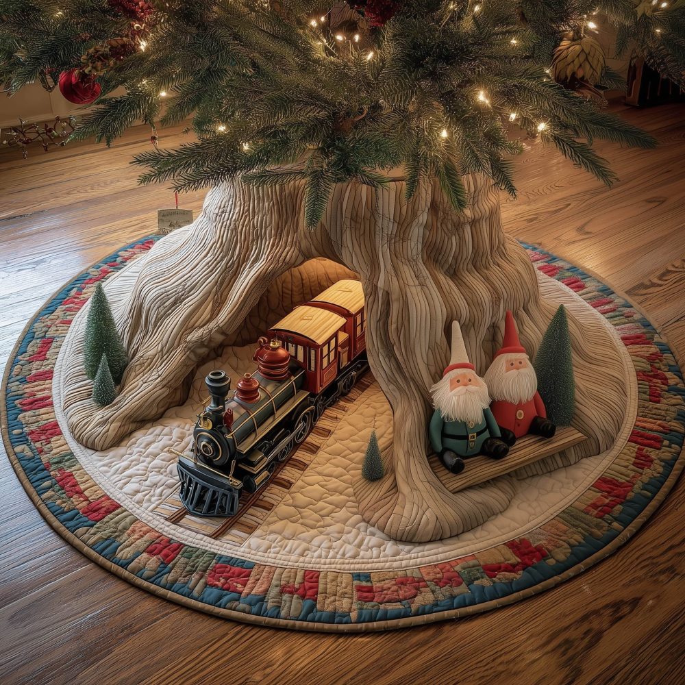Toy Train At Gnome Hollow Tree Skirt — Custom Holiday Skirt, Whimsical Train & Gnome Scene, Premium Felt, Perfect Kids' Christmas Gift