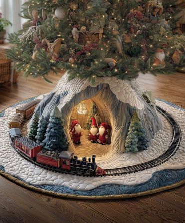 Toy Train Circling Elf Cave Tree Skirt — Custom Handcrafted Holiday Train Skirt, Playful Elf Workshop Scene, Durable Holiday Décor