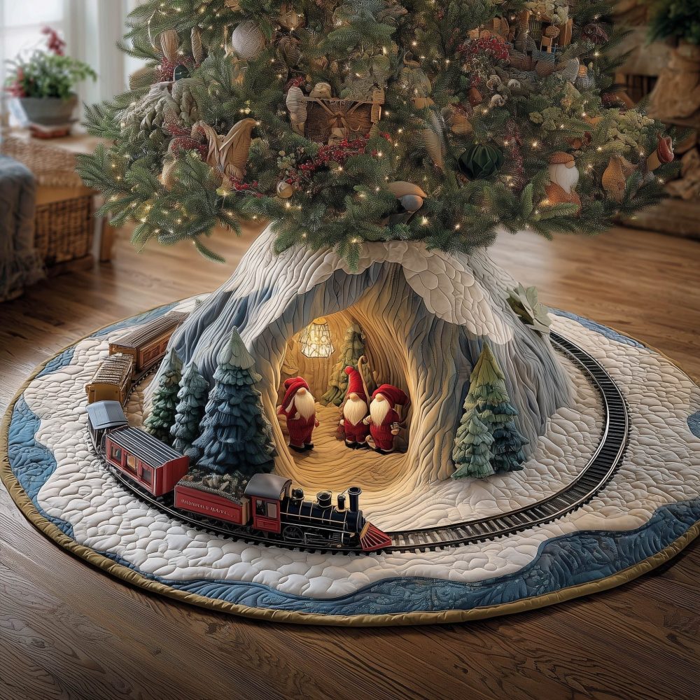 Toy Train Circling Elf Cave Tree Skirt — Custom Handcrafted Holiday Train Skirt, Playful Elf Workshop Scene, Durable Holiday Décor