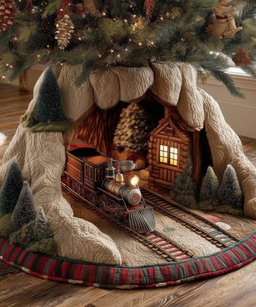 Mountain Tunnel Train Christmas Tree Skirt — Custom-Made Winter Train Scene Skirt With Snowy Mountains For Holiday Displays