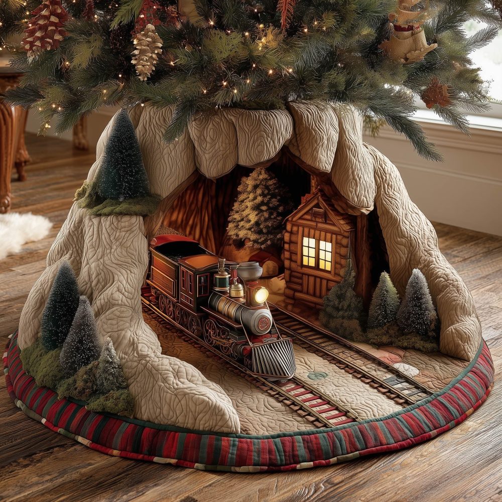 Mountain Tunnel Train Christmas Tree Skirt — Custom-Made Winter Train Scene Skirt With Snowy Mountains For Holiday Displays
