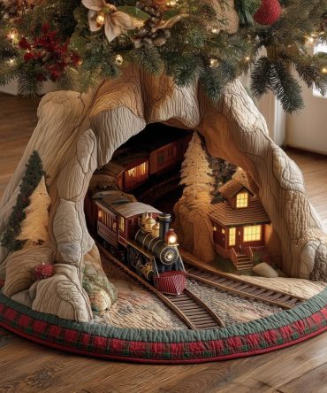 Vintage Train Passing Snowy Cabin Christmas Tree Skirt — Custom Winter Train Scene Skirt, Classic Holiday Village Decor