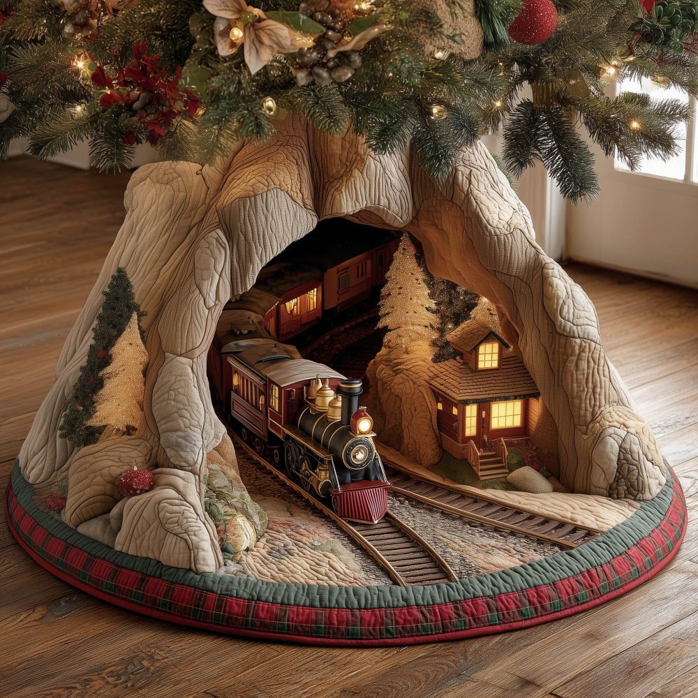 Vintage Train Passing Snowy Cabin Christmas Tree Skirt — Custom Winter Train Scene Skirt, Classic Holiday Village Decor