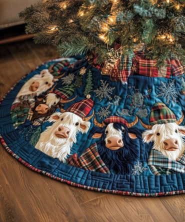 Blue Plaid Patchwork Highland Cows Christmas Tree Skirt — Custom Quilted Holiday Skirt, Cozy Scottish Farm Decor