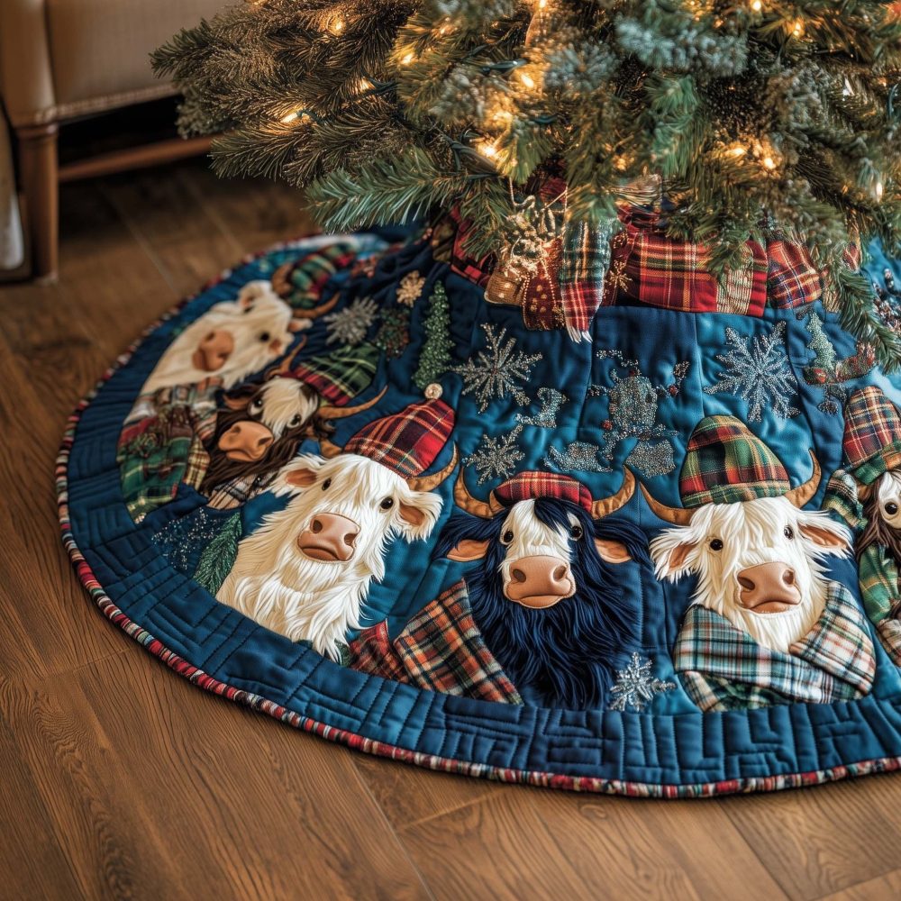 Blue Plaid Patchwork Highland Cows Christmas Tree Skirt — Custom Quilted Holiday Skirt, Cozy Scottish Farm Decor