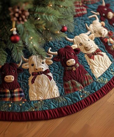 Highland Joy Holiday Tree Skirt — Handcrafted Scottish-Inspired Skirt With Highland Cow & Plaid Accents, Personalized Options, Premium Felt