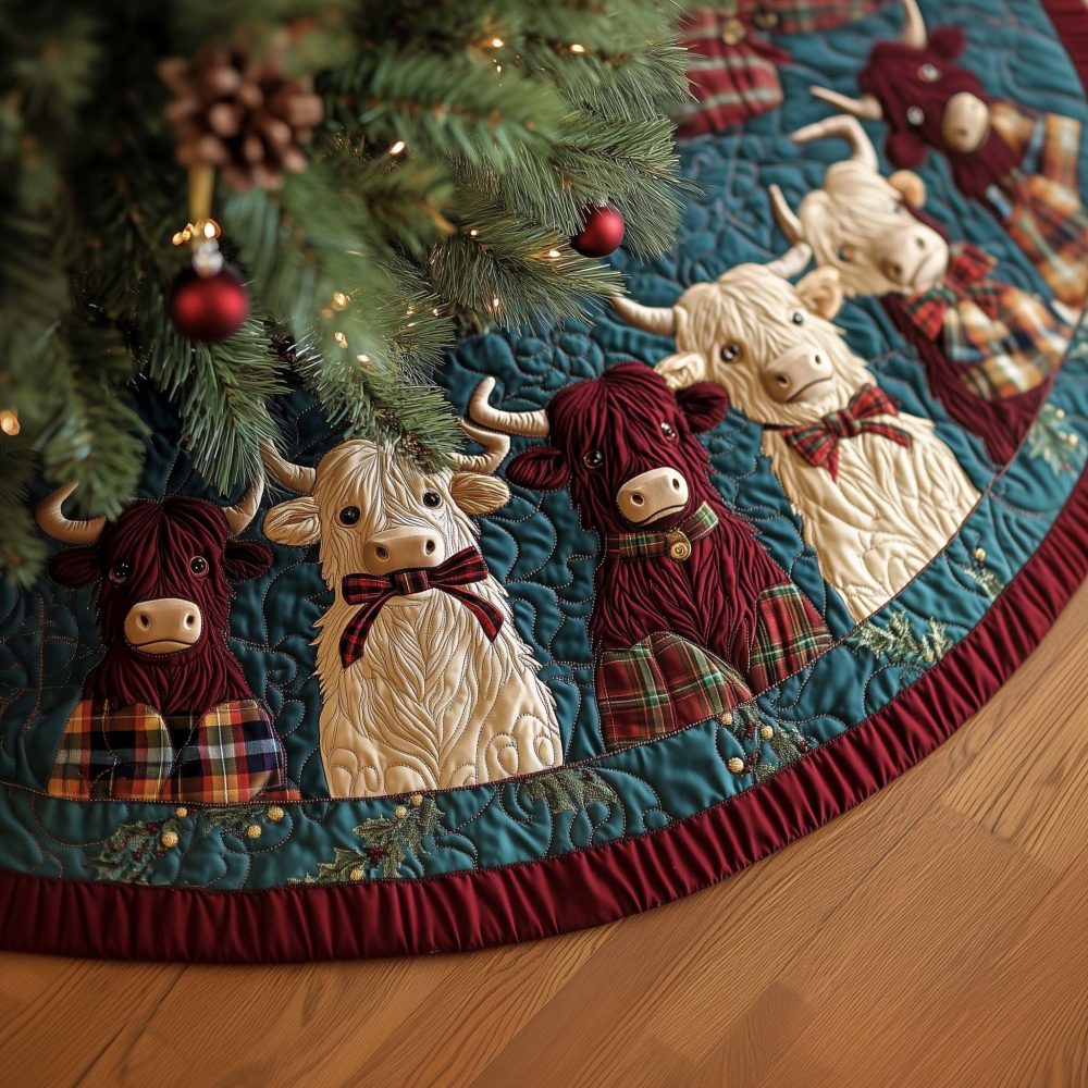 Highland Joy Holiday Tree Skirt — Handcrafted Scottish-Inspired Skirt With Highland Cow & Plaid Accents, Personalized Options, Premium Felt