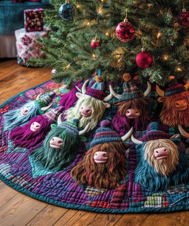Highland Cows Wearing Knit Hats Christmas Tree Skirt — Handcrafted Cozy Holiday Skirt, Rustic Scottish Farmhouse Decor