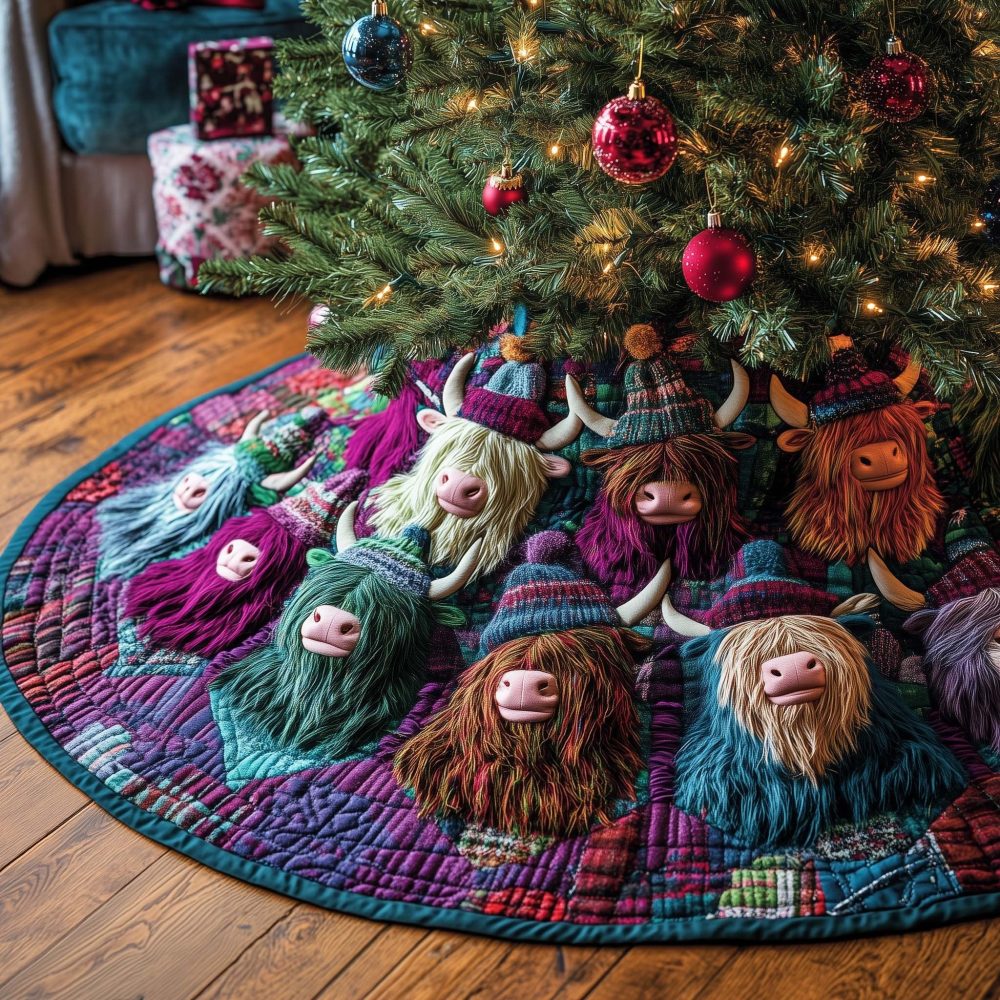 Highland Cows Wearing Knit Hats Christmas Tree Skirt — Handcrafted Cozy Holiday Skirt, Rustic Scottish Farmhouse Decor