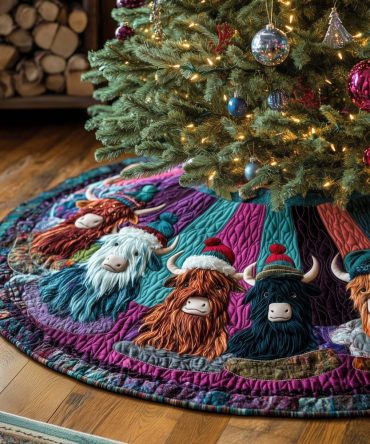 Bright Scarf Highland Cows Christmas Tree Skirt — Custom Holiday Skirt With Cheerful Colors, Cozy Farmhouse Accent