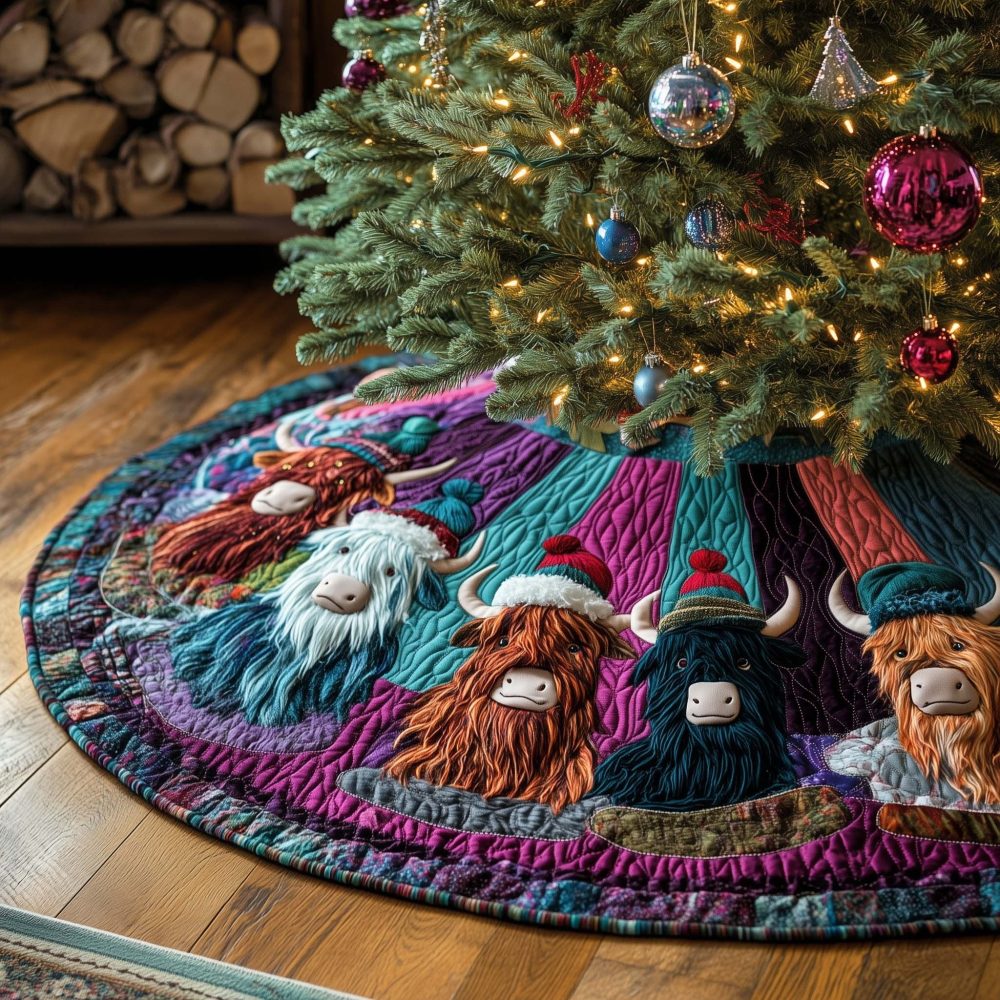 Bright Scarf Highland Cows Christmas Tree Skirt — Custom Holiday Skirt With Cheerful Colors, Cozy Farmhouse Accent