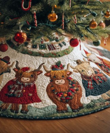 Red Tartan Highland Cows Christmas Tree Skirt — Tailored Holiday Skirt With Scottish Plaid Coats, Rustic Winter Decor