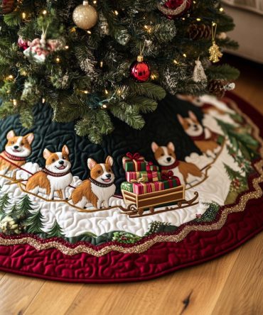 Corgi Delivery Holiday Tree Skirt — Custom Handcrafted Skirt With Corgis & Gift Motif, Personalized Options, Premium Felt, Multiple Sizes