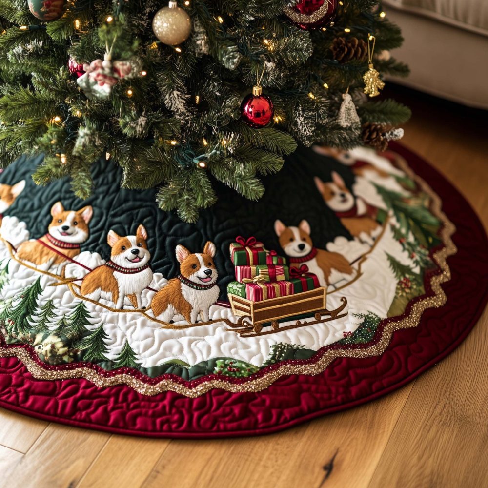 Corgi Delivery Holiday Tree Skirt — Custom Handcrafted Skirt With Corgis & Gift Motif, Personalized Options, Premium Felt, Multiple Sizes