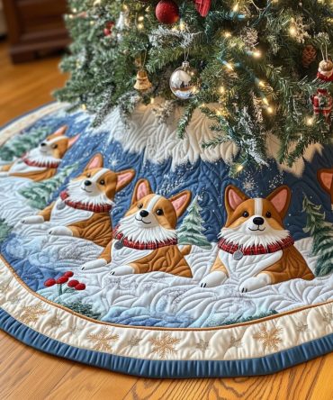 Corgis In Red Scarves On Snowy Blue Christmas Tree Skirt — Handmade Holiday Tree Skirt, Perfect Gift For Dog Owners