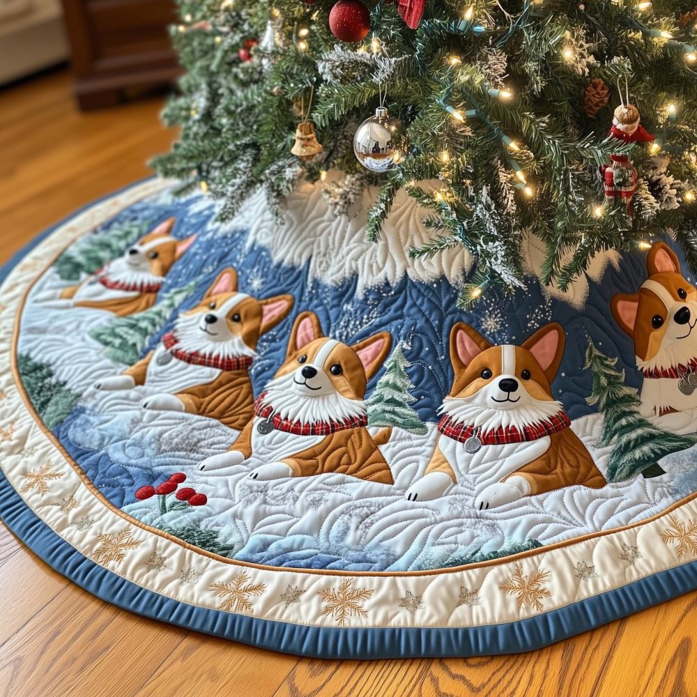 Corgis In Red Scarves On Snowy Blue Christmas Tree Skirt — Handmade Holiday Tree Skirt, Perfect Gift For Dog Owners