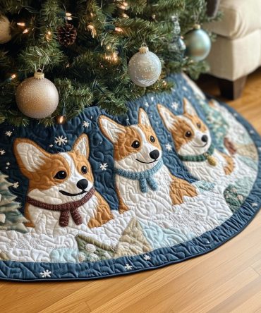 Adorable Corgis & Falling Snowflakes Blue Christmas Tree Skirt — Custom Holiday Skirt, Cute Dog Lover Gift