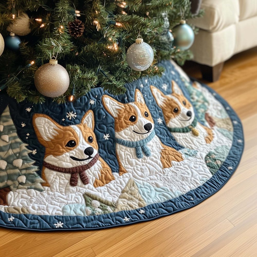 Adorable Corgis & Falling Snowflakes Blue Christmas Tree Skirt — Custom Holiday Skirt, Cute Dog Lover Gift