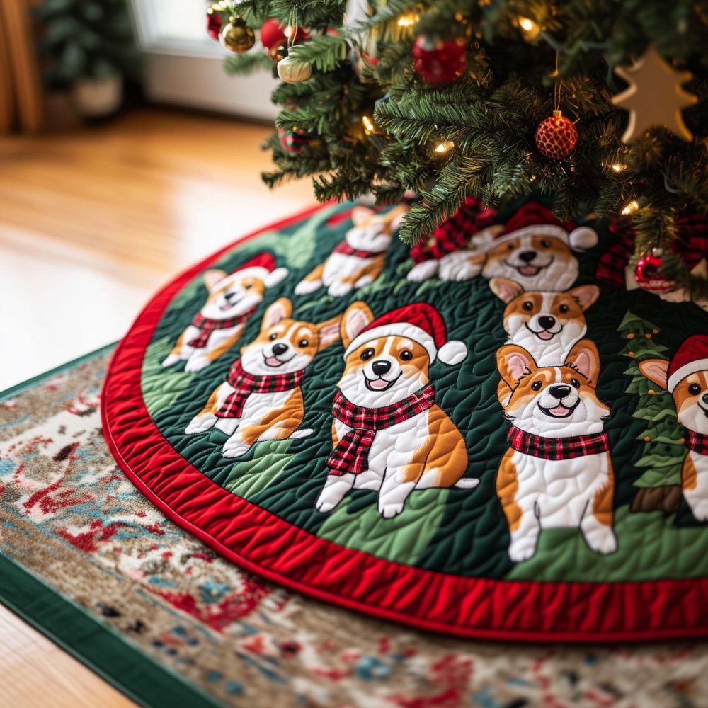 Handmade Festive Corgi Christmas Tree Skirt — Custom Pet Holiday Decor, Quilted Premium Fabric, Perfect For Dog Lovers